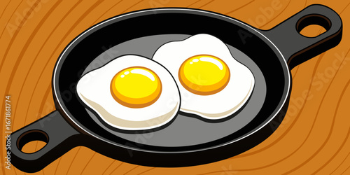 A realistic image of two sunny-side-up eggs cooking in a black cast iron skillet. The eggs have bright yellow-orange yolks and set white edges, sprinkled lightly with black pepper. The skillet sits on