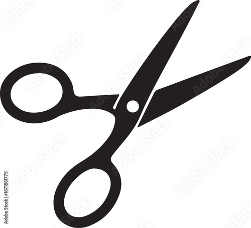 A sharp, stainless steel pair of scissors with black handles is isolated on a white background