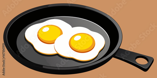 A realistic image of two sunny-side-up eggs cooking in a black cast iron skillet. The eggs have bright yellow-orange yolks and set white edges, sprinkled lightly with black pepper. The skillet sits on