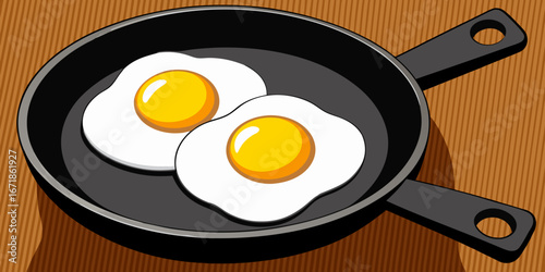 A realistic image of two sunny-side-up eggs cooking in a black cast iron skillet. The eggs have bright yellow-orange yolks and set white edges, sprinkled lightly with black pepper. The skillet sits on