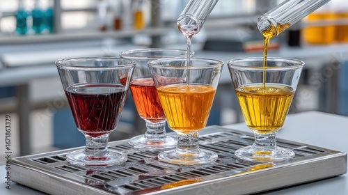 Tray filled with glasses of alcohol displayed elegantly on a laboratory table highlighting colorful liquid presentation