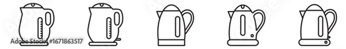 Tea kettle line icons set with editable stroke. Isolated on transparent background. Great for kitchen projects, tea packaging, café branding, and modern web design. Simple design vector illustration.