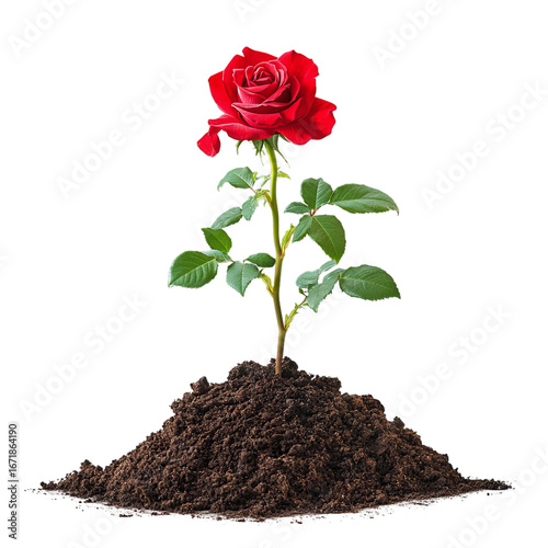 Romantic red rose flower plant in natural soil