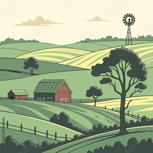 A picturesque farm landscape with rolling hills, a barn, and a windmill