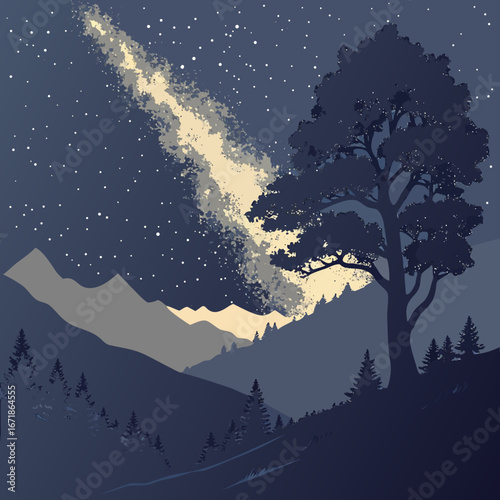 A night sky with stars, the milky way, mountains, and a silhouette of a tree