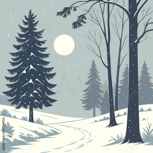 A serene winter landscape with snowcovered trees and a full moon