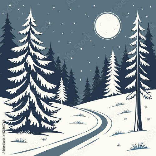 A snowy winter night landscape with trees and a moonlit path in the forest