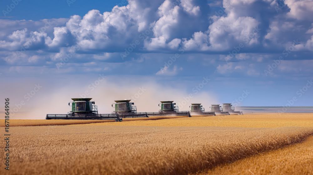 Fototapeta premium Large-scale wheat harvest in Canada, combine harvesters in perfect formation.
