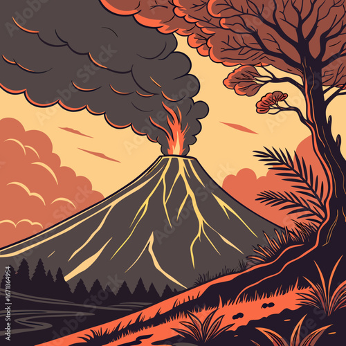 Dramatic volcano eruption with smoke, fire, and a fiery sky background