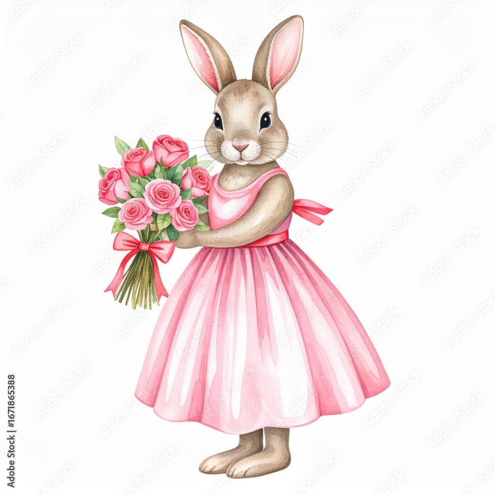 Obraz premium Watercolor Illustration of a Cute Bunny Wearing Pink Dress Holding Roses Bouquet on White Background