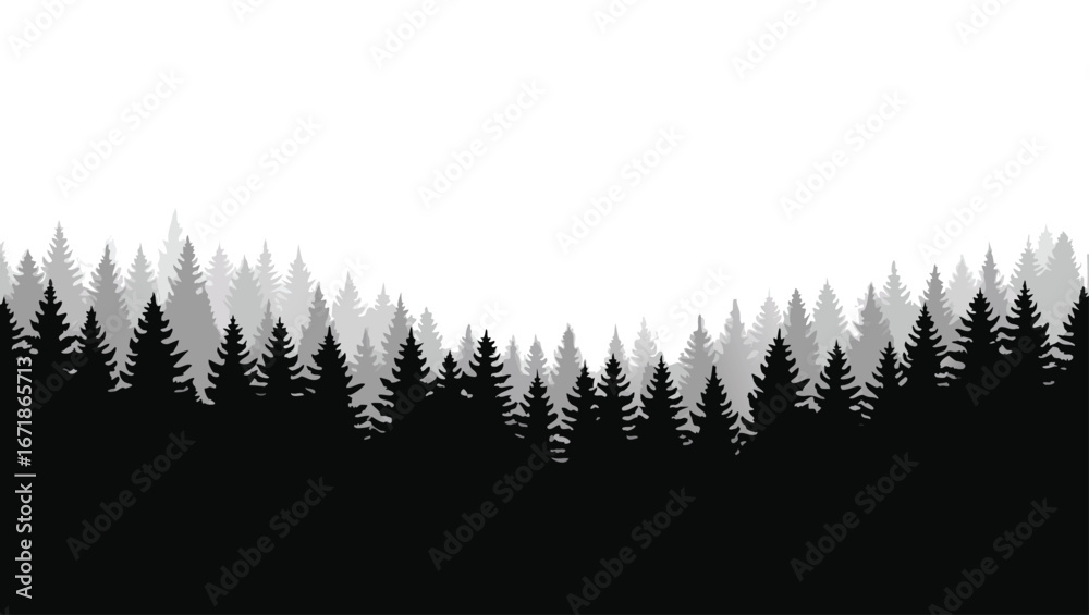 Obraz premium Black and grey silhouette of dense evergreen forest canopy