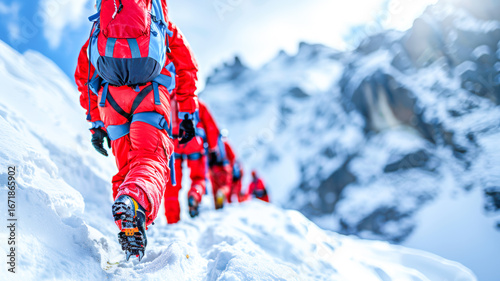 Group of climbers in red gear ascending snowy mountain trail under bright blue sky
