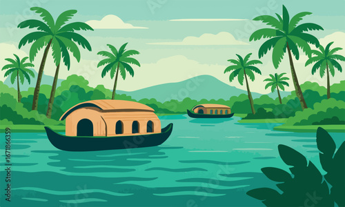 Kerala Houseboats on Backwaters Landscape
