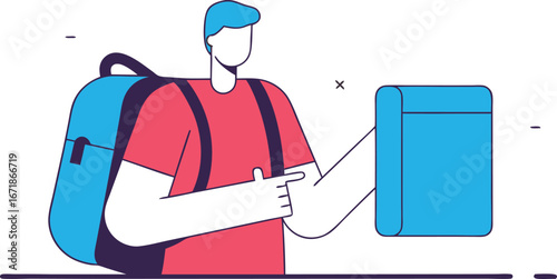 Character with backpack points at book illustration symbolizing education and learning for students and teachers highlighting academic pursuits and intellectual growth