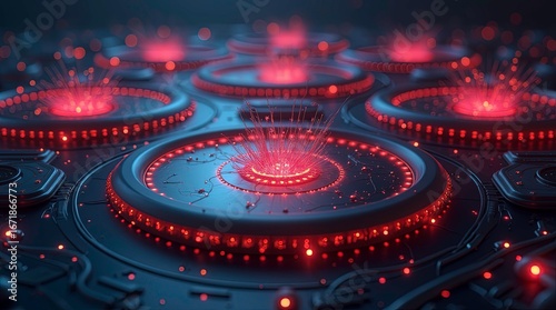 Wallpaper Mural A series of futuristic circular digital control interfaces or platforms emitting glowing red and blue Torontodigital.ca