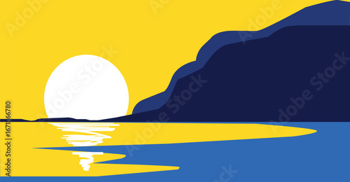 Simple, stylized illustration of a sunset over a body of water with a dark mountain range.