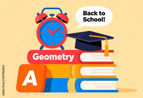 Back to School Illustration with Clock and Books