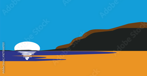 Serene sunset over a calm ocean, reflecting on tranquil waters, beside a dark mountain silhouette.