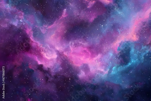 Purple nebula with pink and blue hues, stars scattered throughout.