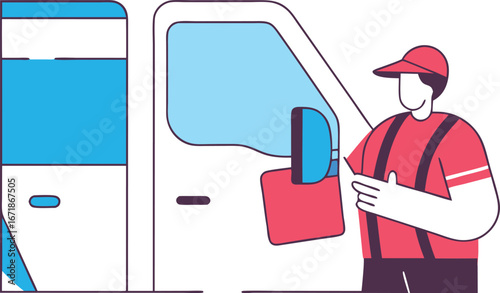 Delivery Driver in Uniform Standing Near Delivery Van Ready to Fulfill Orders and Ensure Timely Deliveries to Customers at Their Desired Locations