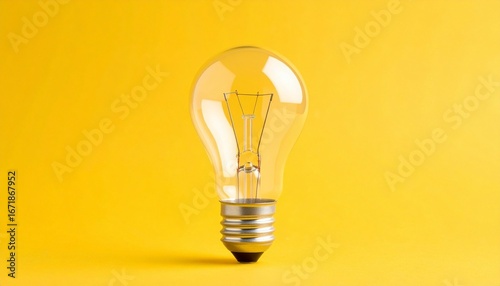 A clear incandescent light bulb stands upright against a bright yellow background. Its visible filament and glossy glass evoke ideas, innovation, and the spark of creative clarity.