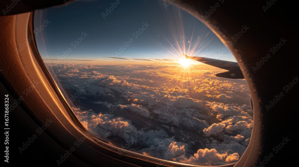 Obraz premium A high-altitude view from a plane window at sunrise, with golden rays lighting the curve of the Earth and soft cloud layers below, creating a peaceful and dreamlike atmosphere.