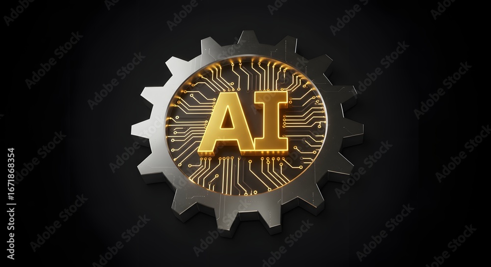 Fototapeta premium AI symbol inside gear with glowing circuits, a concept illustration.
