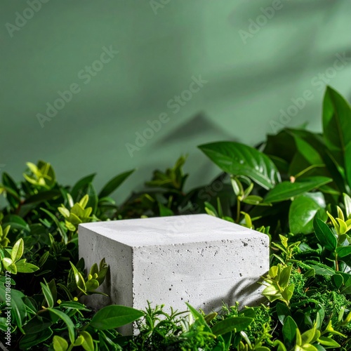 Wallpaper Mural Concrete Cube Podium Surrounded by Green Leaves on Forest Green Background for Product Display Torontodigital.ca
