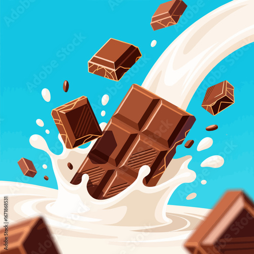 Chocolate Squares Diving into Milk Splash, Blue Sky