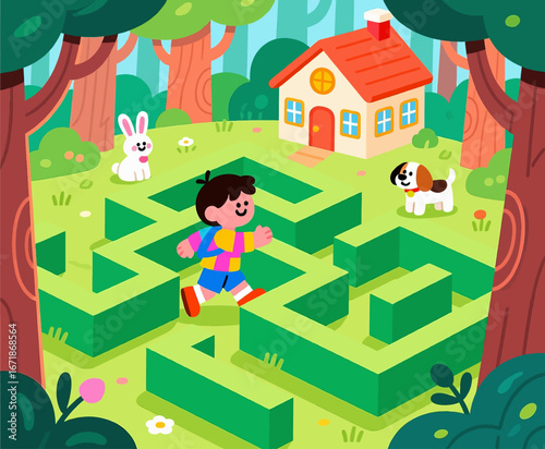 Child's Joyful Maze Adventure in Whimsical Forest with Pets