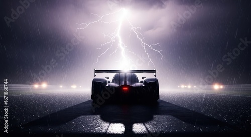 Race Car Silhouetted Against Lightning Storm - Speed and Power.