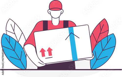 Delivery service worker carrying a box with fragile signs ready for distribution featuring stylized leaves symbolizing growth and reliability for logistics and e commerce industries