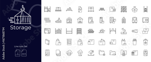 Storage Line Icons set. Vector illustration in modern thin line style of Storage icons: shelf, store, factory, etc