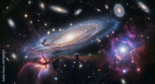 A mesmerizing view of a vibrant galaxy cluster with swirling stars and colorful nebulae in deep space