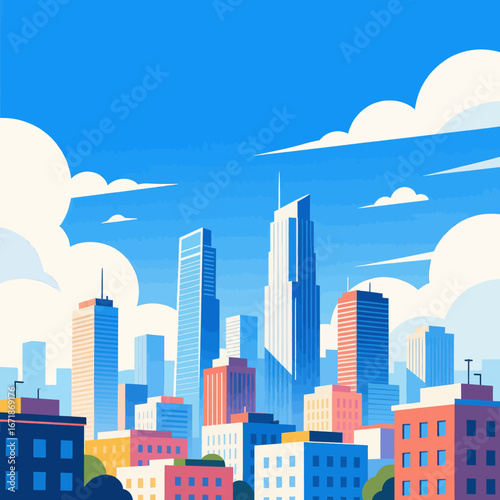 Colorful Cityscape Under Blue Sky with Fluffy Clouds