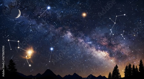 A breathtaking view of the night sky filled with stars, constellations, and the milky way galaxy