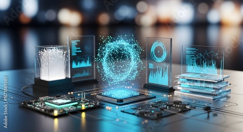 Modern technology with processors, circuit boards, and digital interfaces for data analysis and visualization