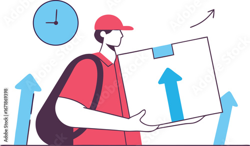 Fast and Reliable Delivery Service Concept with Delivery Man Holding Box and Clock Showing Time Efficiency Emphasized by Arrows Signifying Progress and Speed