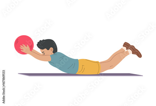 Boy lying on stomach holding ball with extended arms