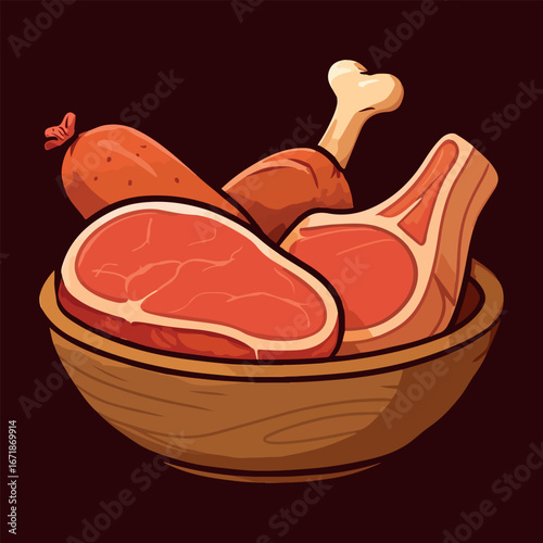 Assortment of Meat Cuts in Wooden Bowl