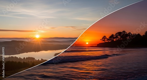 Beautiful sunrise and sunset landscape with sea, ocean, mountains, and trees in a split view