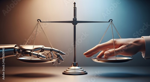 Balancing Act: Artificial Intelligence vs. Humanity,Weighing the Future: Scales of Justice with Human and Robotic Hands, a Conceptual Image