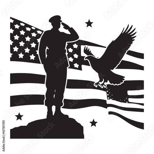 A silhouette illustration of a U.S. soldier saluting an eagle on the 4th of July.