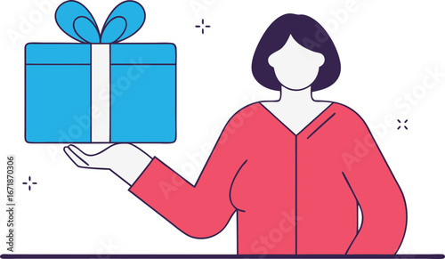 Illustration of a woman holding a gift box symbolizing appreciation and giving representing holidays and special occasions conveying happiness and celebration in a modern minimal style design