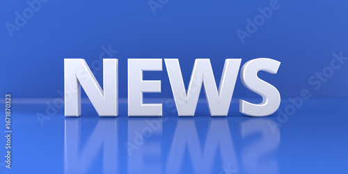 The write NEWS with white 3D letters standing on a glossy floor of a room, leaning at its blue wall - 3D rendering illustration