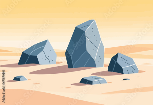 Desert Solitude: Geometric Rocks in Sand Dunes at Sunset