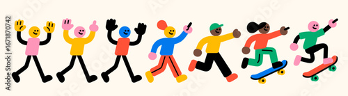 Diverse Friends Skateboarding Together in Colorful Outfits