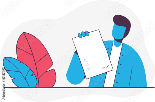 Man Holding Checklist Form Illustration Design Depicting Business Approval Confirmation and Task Completion with Vibrant Plant Element on White Background