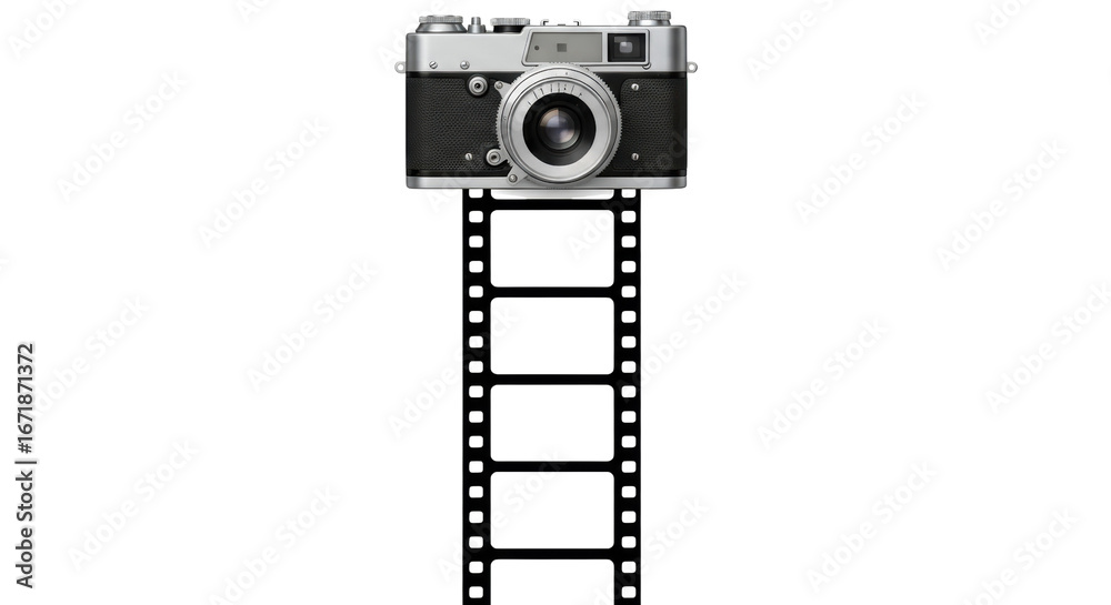 Obraz premium Vintage Camera and Film Strip: Capture moments of nostalgia and timeless beauty.