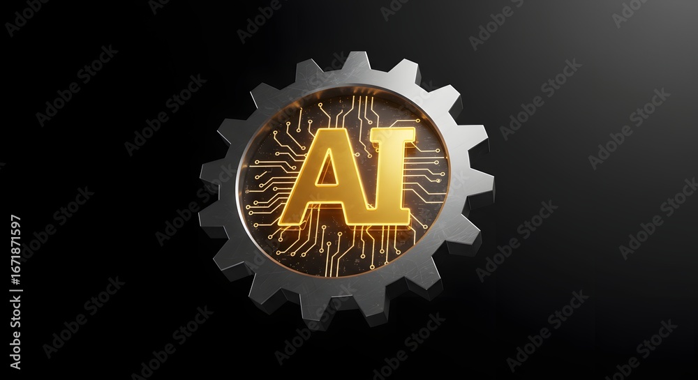 Naklejka premium AI illustration with a gear and circuit pattern on a black background.